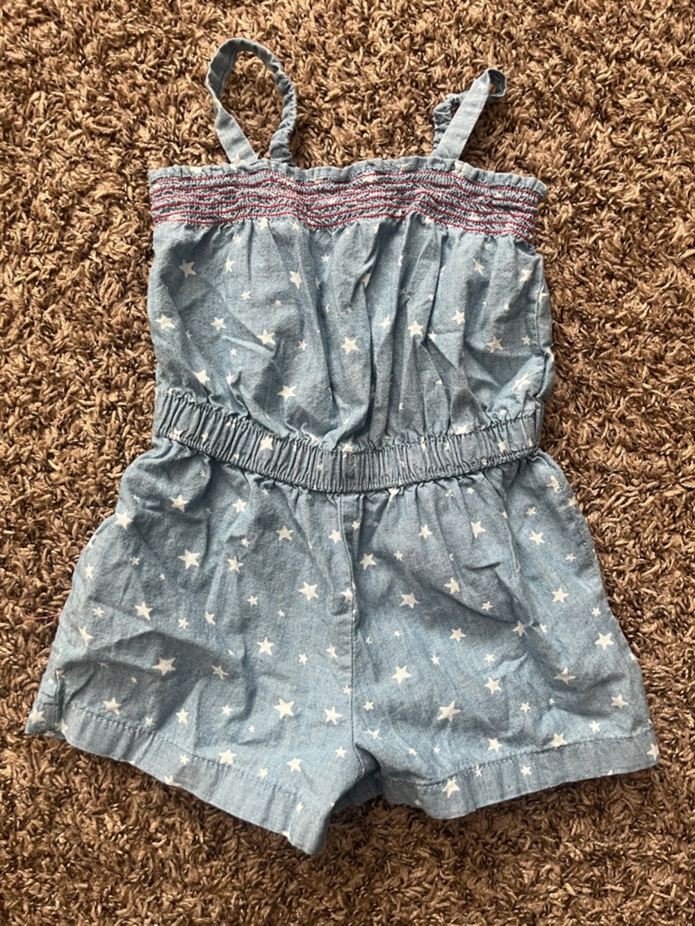 Girls' Light Blue Star-Print Denim Romper with Smocked Top
